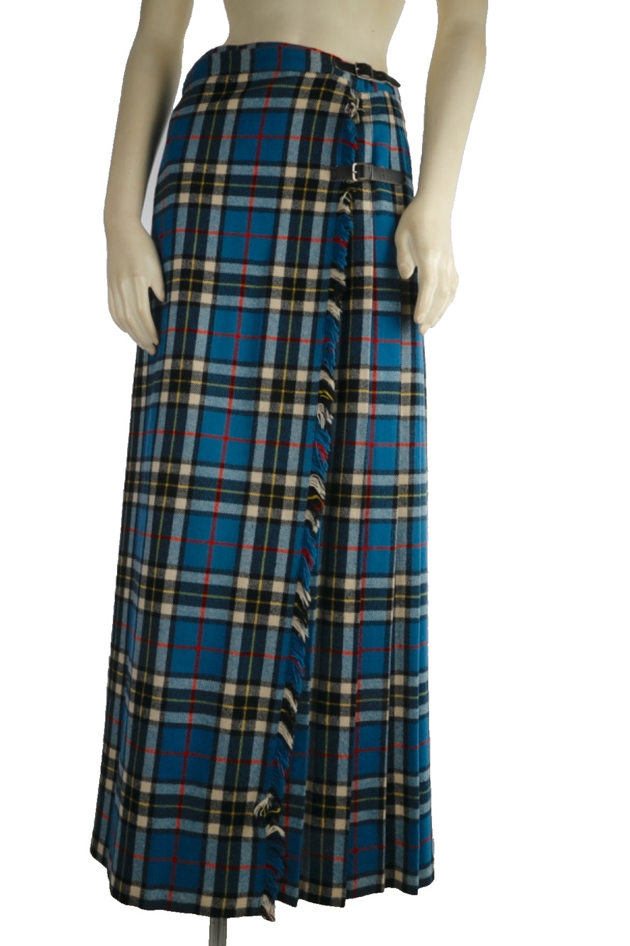 Vintage 100% Pure New Wool Tartan Plaid Maxi Kilt Skirt Blue Yellow Button Sz 28